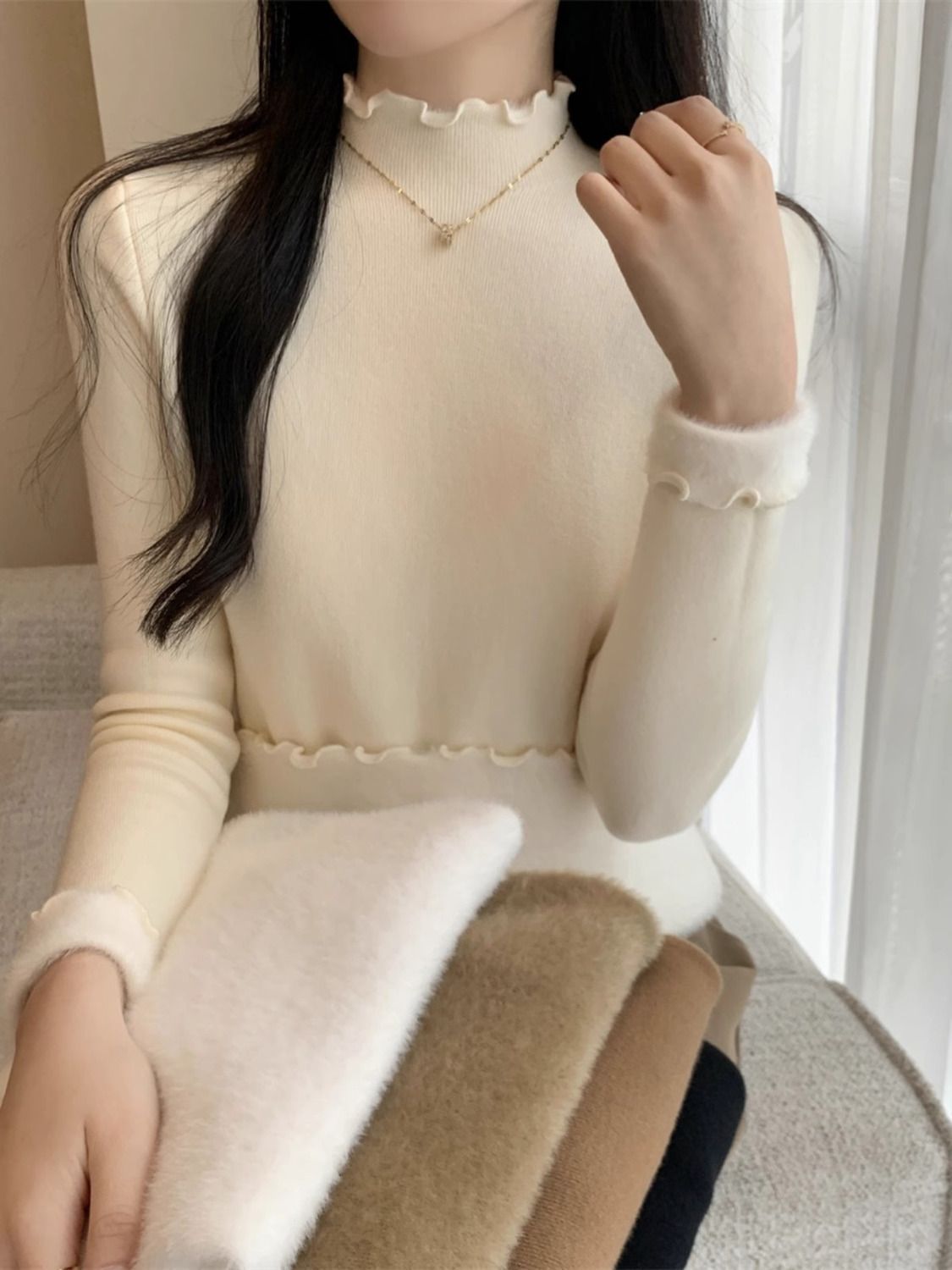 簡約韓版針織衫女冬季2023新款加絨打底衫修身半高領純色內搭上衣
