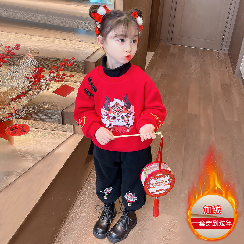拜年服女童冬款洋氣套裝女寶寶冬季加厚小女孩喜慶兒童新年兩件套