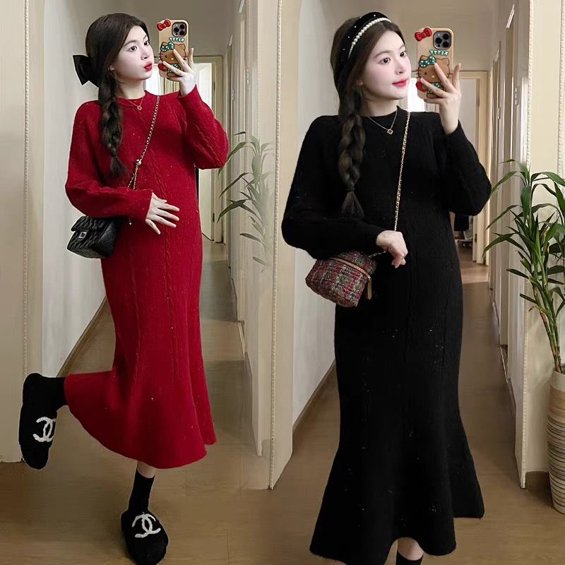 Maternity wear autumn and winter fashion high-end thickened inner long-sleeved round neck knitted fishtail long skirt women's plus size dress