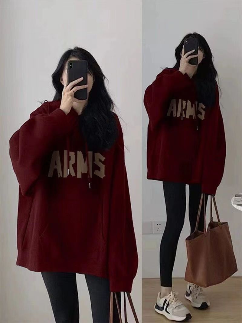 酒紅色oversize字母印花衛衣女秋冬美式連帽加絨慵懶風新款外套潮
