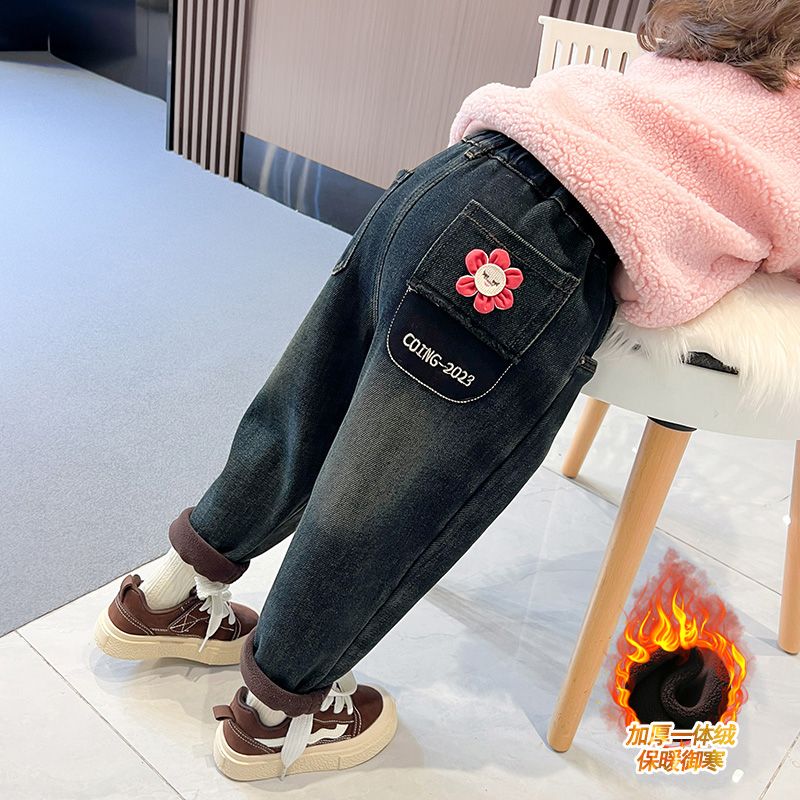 女童牛仔褲子秋冬款2023新款女孩寶寶一體絨外穿兒童加絨加厚冬裝