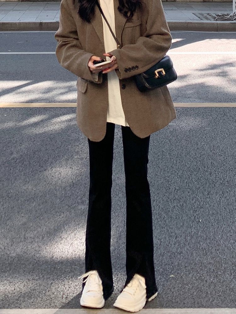 黑色開叉微喇叭牛仔褲女冬季新款復古高腰修身顯瘦顯腿長直筒褲子