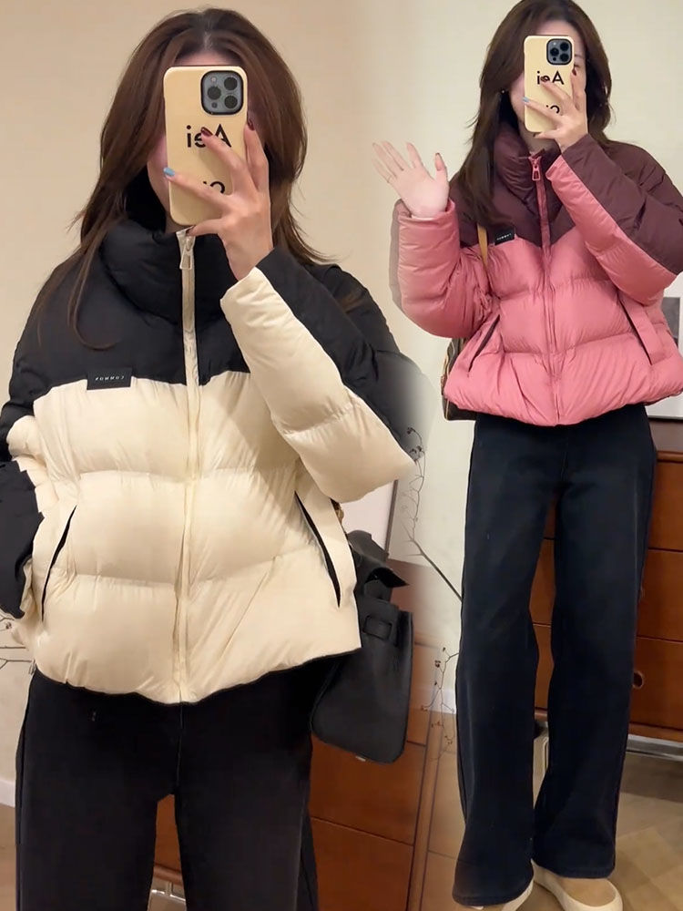 藍海奕諾撞色拼接立領羽絨服外套女2023冬季顯瘦寬鬆小個子麵包服