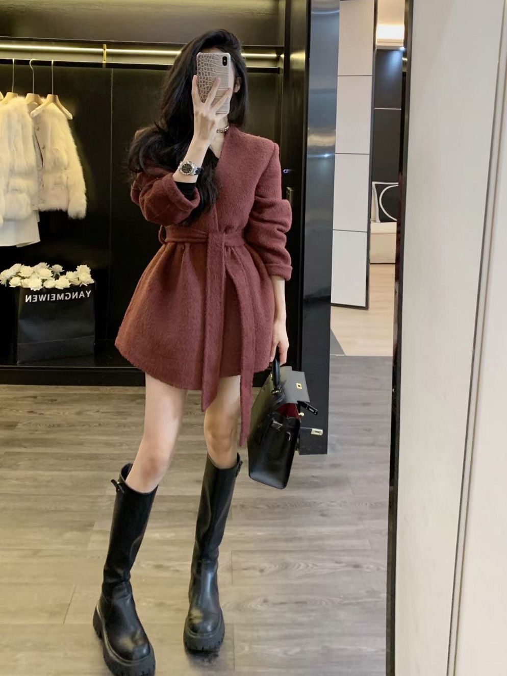 高級感西裝毛呢外套女秋冬網紅新款氣質御姐范收腰系帶呢子外套冬