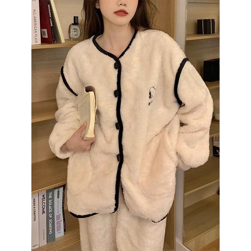 韓版卡通史努比睡衣女加絨加厚保暖珊瑚絨秋冬季簡約家居服可外穿