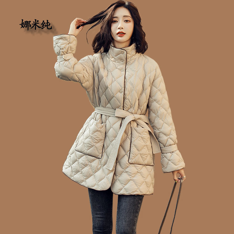 冬季小香风菱格羽绒棉服女装韩版高端气质宽松绑带中长款棉衣外套