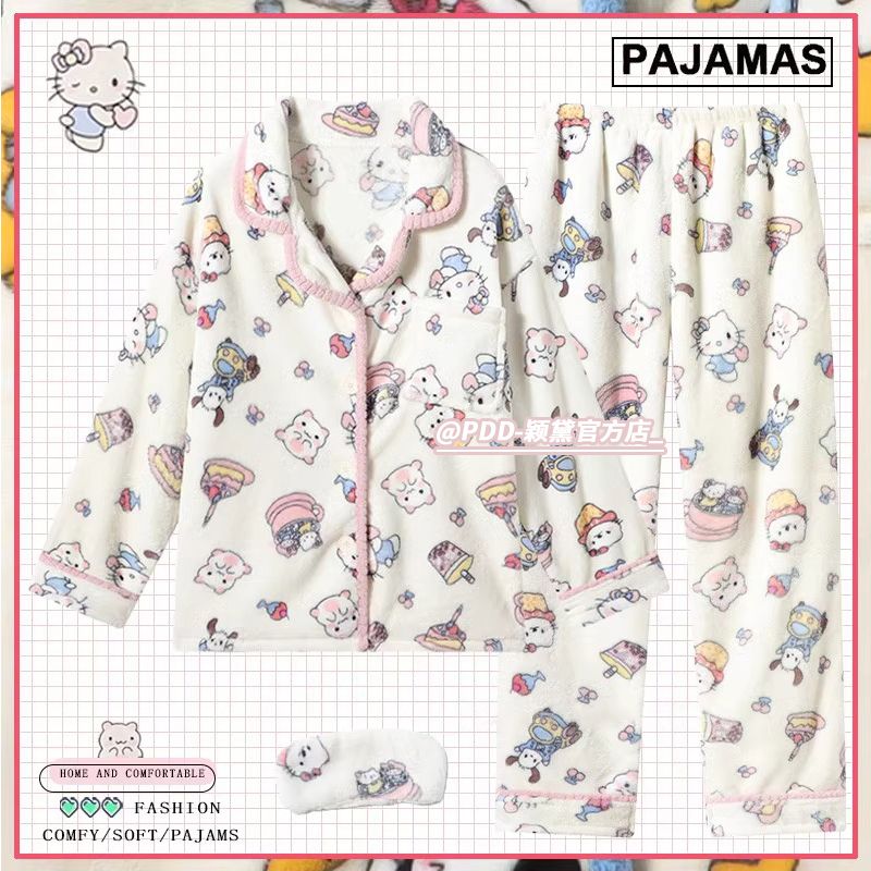 HelloKitty貓咪睡衣女秋冬季珊瑚絨加厚毛絨甜美法蘭絨家居服套裝