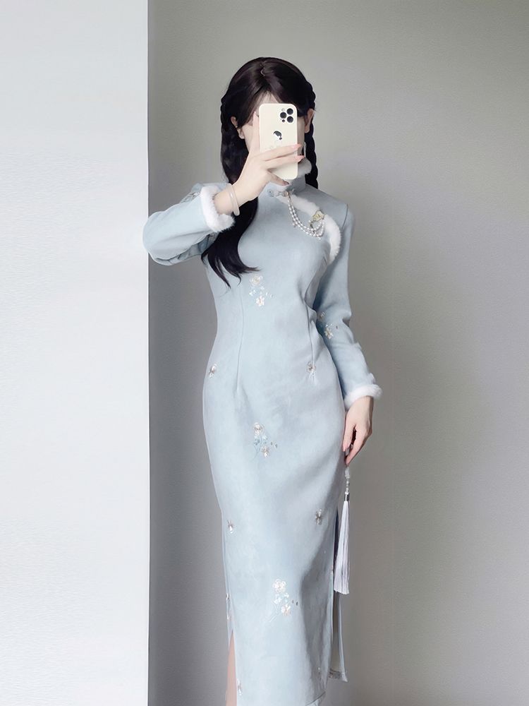 藍色旗袍2023新款冬季長袖加厚保暖年輕款少女秋冬國風新中式冬款