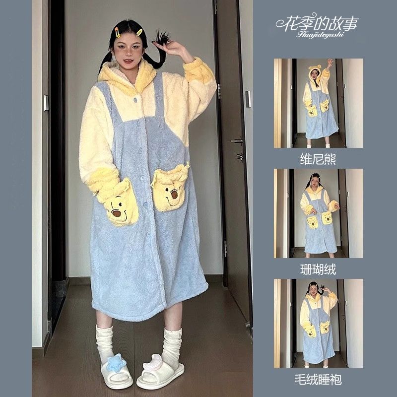 花季的故事維尼熊新款睡衣女珊瑚絨秋冬季睡袍睡褲加絨加厚家居服