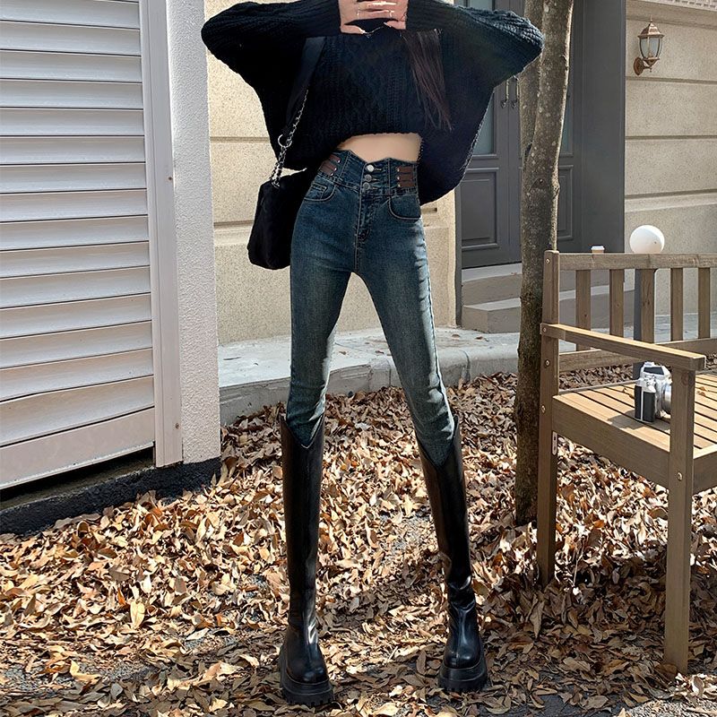 復古藍時尚鉛筆褲提臀小腳牛仔褲女2023年高腰洋氣設計感修身緊身