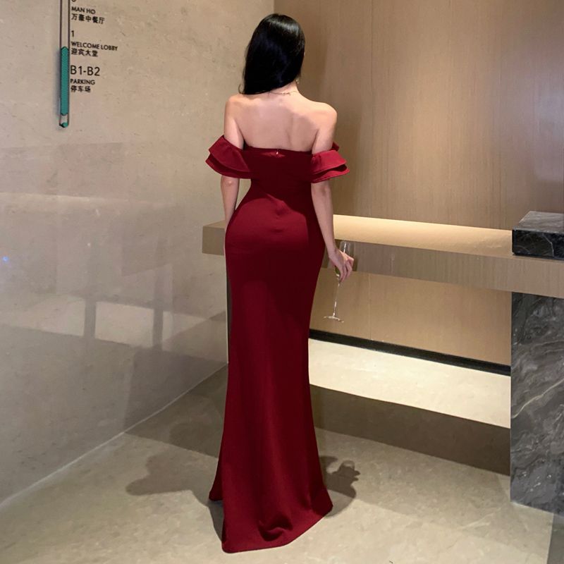 Hotel banquet pure desire high slit dress nightclub temperament one-shoulder tube top dress hip-covering evening dress