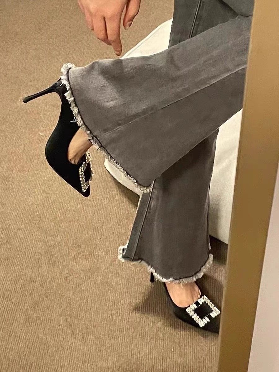 2024 French high-heeled shoes for women with stilettos, new fashionable and versatile temperament square buckle rhinestone professional shallow mouth satin shoes
