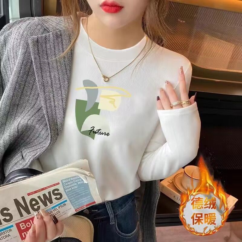 法式德絨小眾正肩圓領內搭打底衫女秋冬2023新款保暖長袖t恤上衣