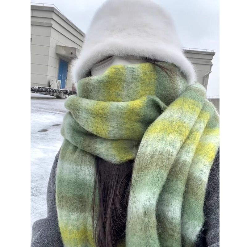 冬季新款韩系学生女绿色流苏二次元小众围巾长款加厚高级感围脖