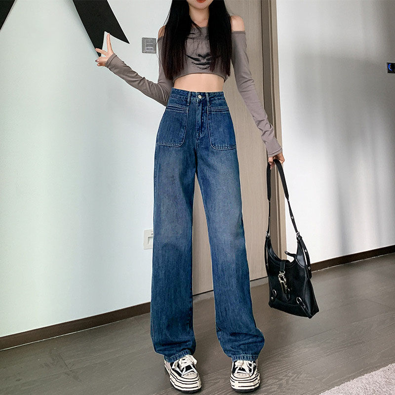 高腰闊腿褲女復古藍辣妹外穿休閒百搭直筒牛仔褲2023年潮流女裝