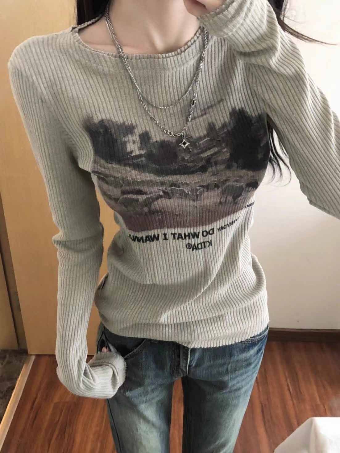 美式辣妹復古印花保暖打底衫女秋冬新款修身顯瘦加絨內搭長袖上衣