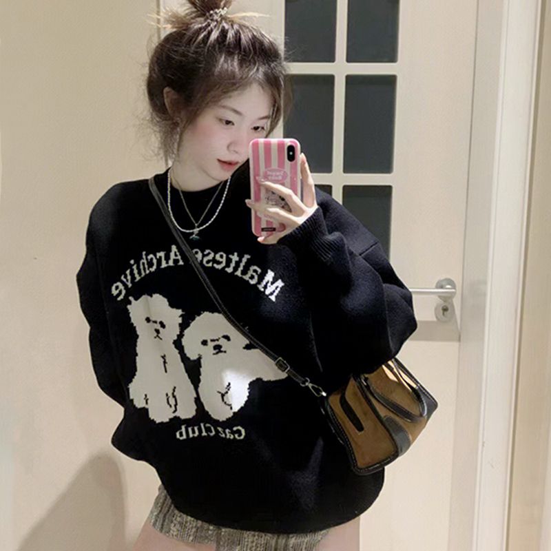 秋冬復古小狗針織衫卡通衛衣可愛毛衣女新款學生寬鬆圓領慵懶上衣