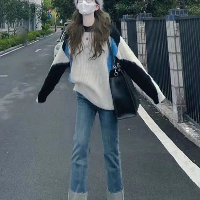 慵懶風2023撞色秋冬新款針織衫高級感寬鬆毛衣女圓領百搭上衣外穿