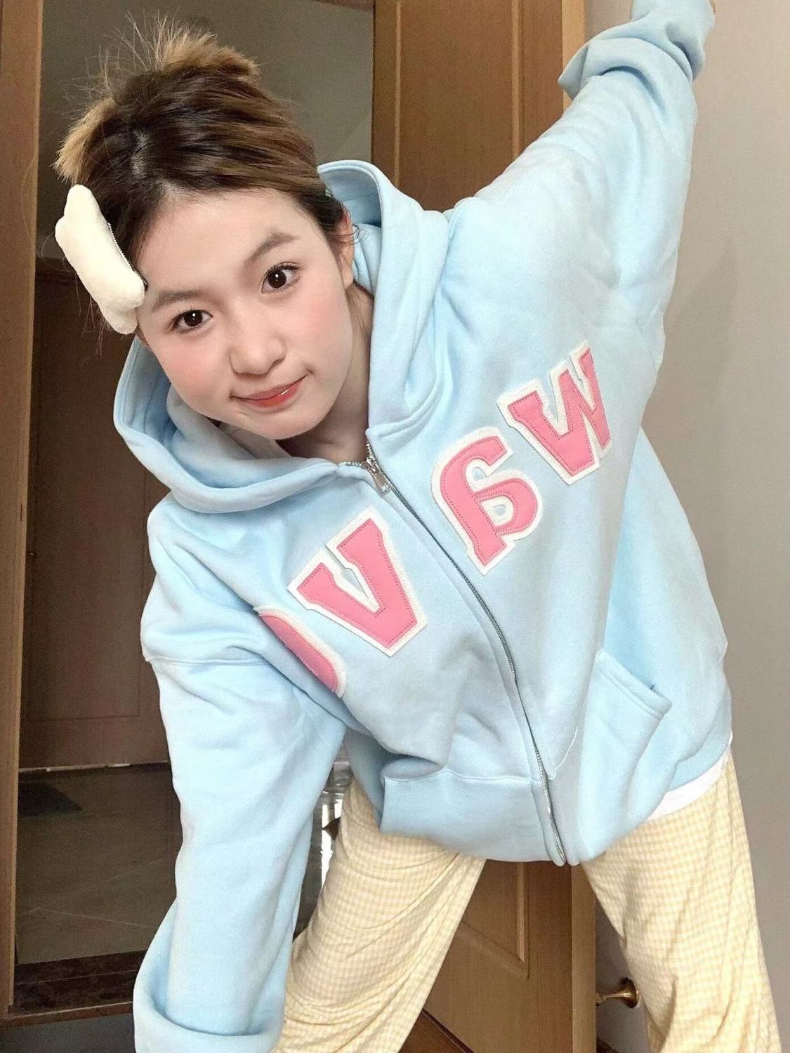 oversize韓系慵懶風衛衣女秋冬季加絨加厚藍色外套小個子連帽開衫