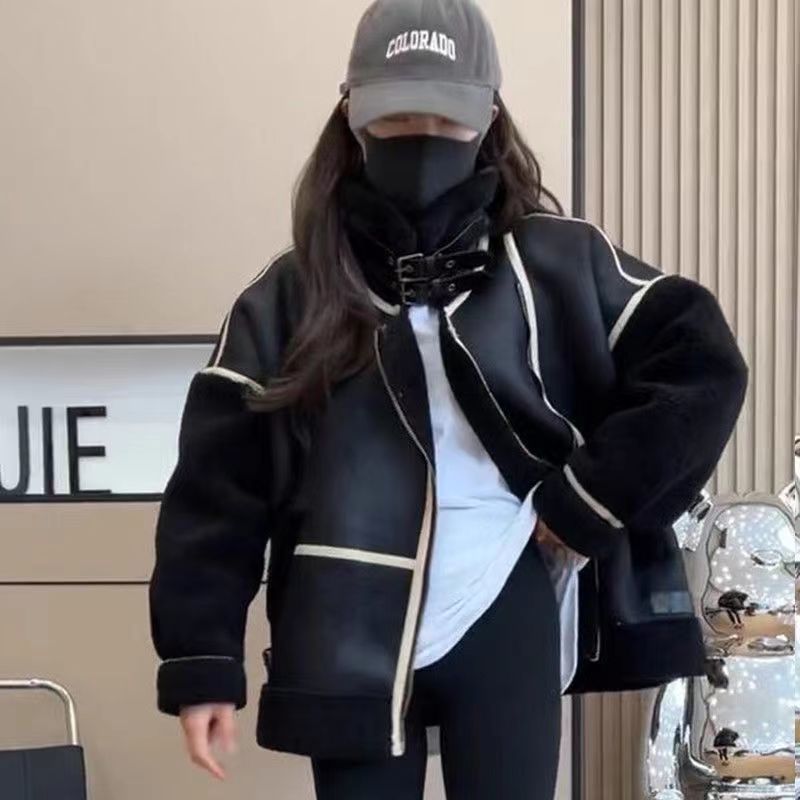 機車服女款冬款皮毛一體羊羔毛外套女2023年新款冬季網紅爆款夾克