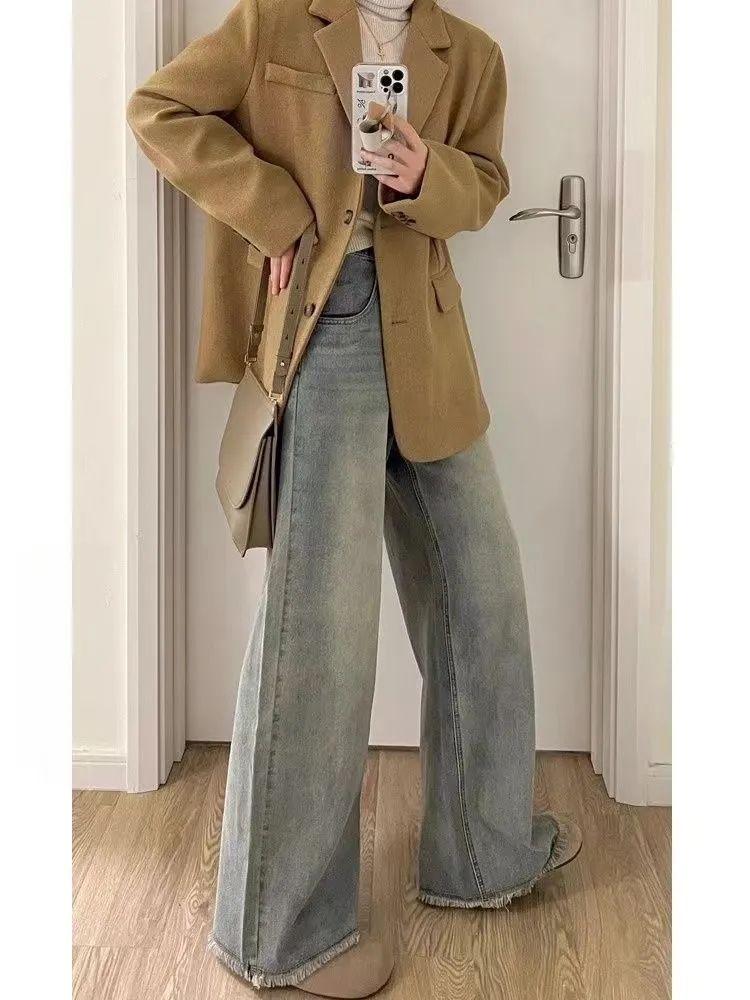 高個子加長美式復古毛邊闊腿牛仔褲女秋冬高腰寬鬆顯瘦直筒拖地褲