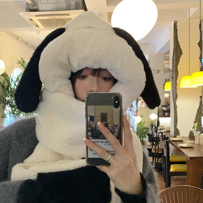 Cute bear cartoon plush hooded scarf for women winter warm gloves hat scarf one-piece three-piece set