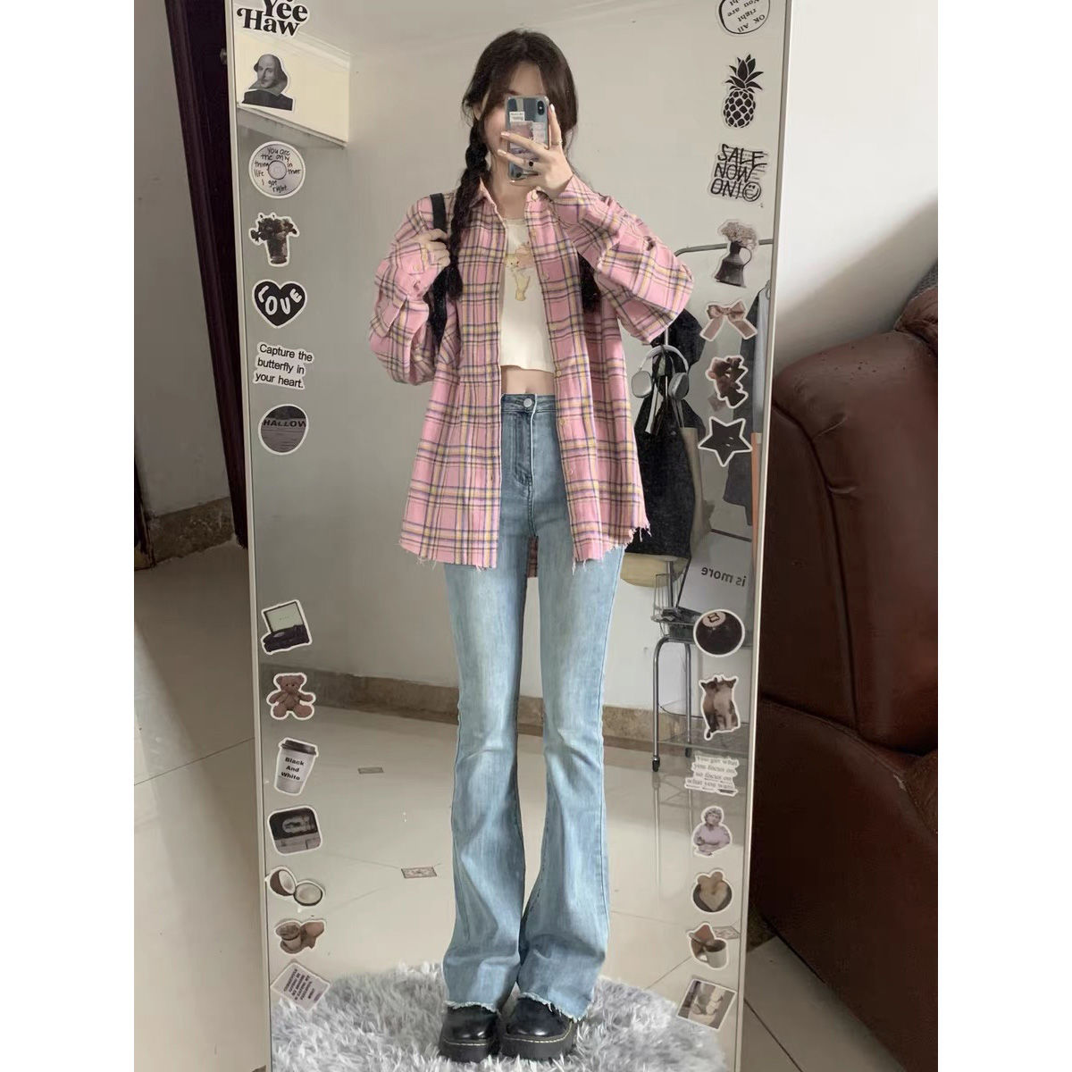韓系甜美粉色格子襯衣外套女秋季復古寬鬆上衣中長款毛邊設計感潮