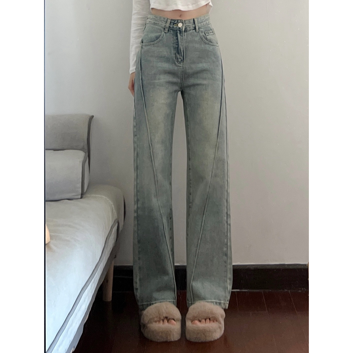 美式復古寬鬆闊腿牛仔褲女秋冬ins新款高腰顯瘦百搭直筒拖地褲子
