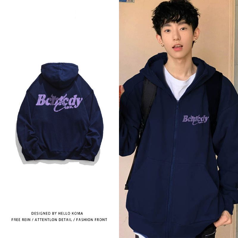 hiphop高街開衫拉鏈衛衣外套男秋季美式復古百搭寬鬆加絨連帽上衣
