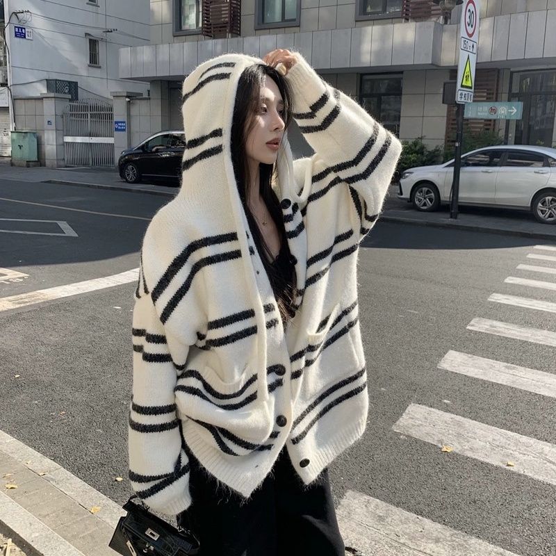 條紋連帽抽繩毛衣外套女秋冬韓系慵懶風針織開衫寬鬆百搭上衣外穿