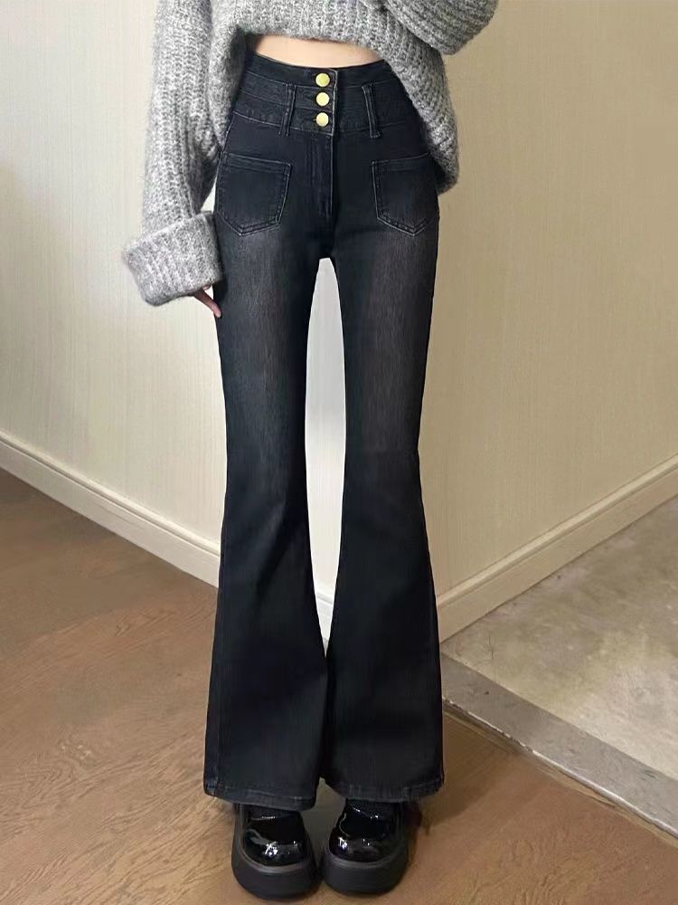 黑灰色微喇叭牛仔褲女秋冬小個子設計感高腰修身顯瘦彈力馬蹄褲潮