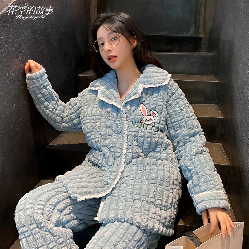 花季的故事三層夾棉睡衣女冬季巨厚棉襖套裝ins風簡約休閒家居服