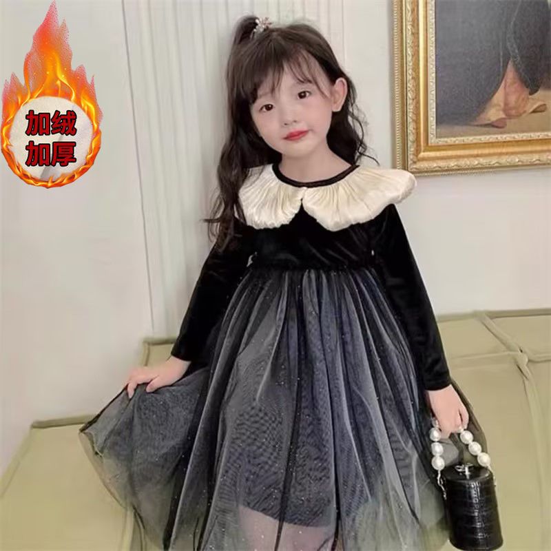 韩国童装女童春秋洋气女孩丝绒网纱礼服公主裙儿童时髦高端连衣裙