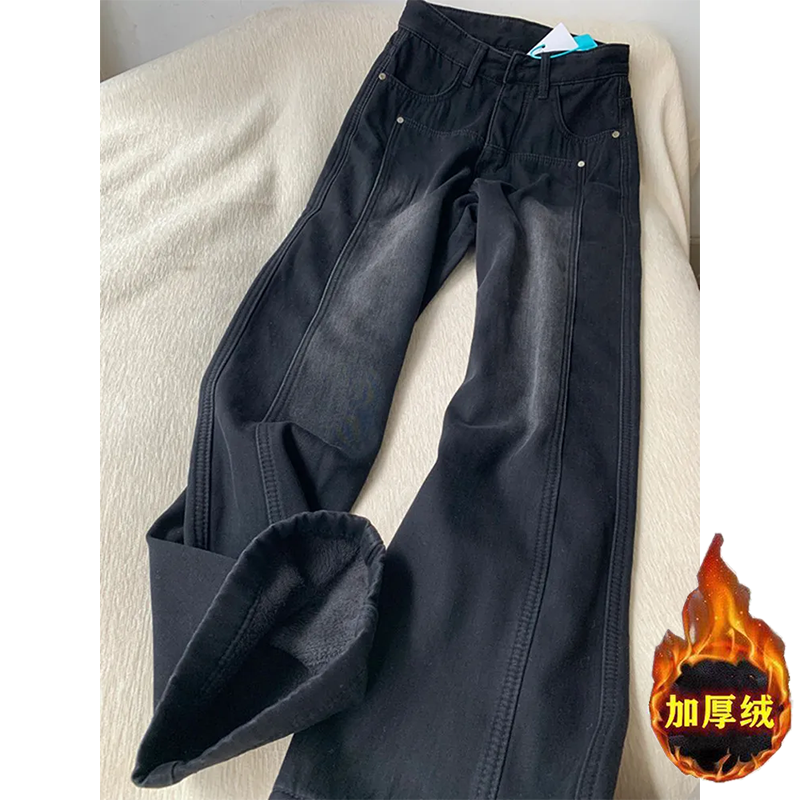 黑灰色加絨美式復古闊腿牛仔褲女秋冬高腰直筒寬鬆垂感拖地褲ins