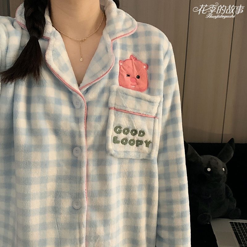 花季的故事小海狸睡衣女法蘭絨秋冬季長袖套裝ins風高顏值家居服