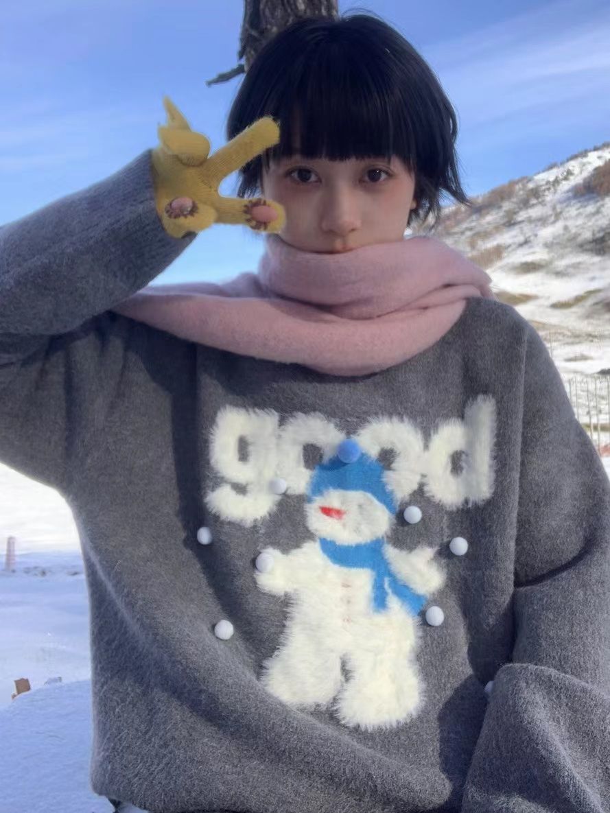 繽慕氛圍感灰色雪人字母針織衫上衣女秋冬慵懶風寬鬆套頭毛衣外套