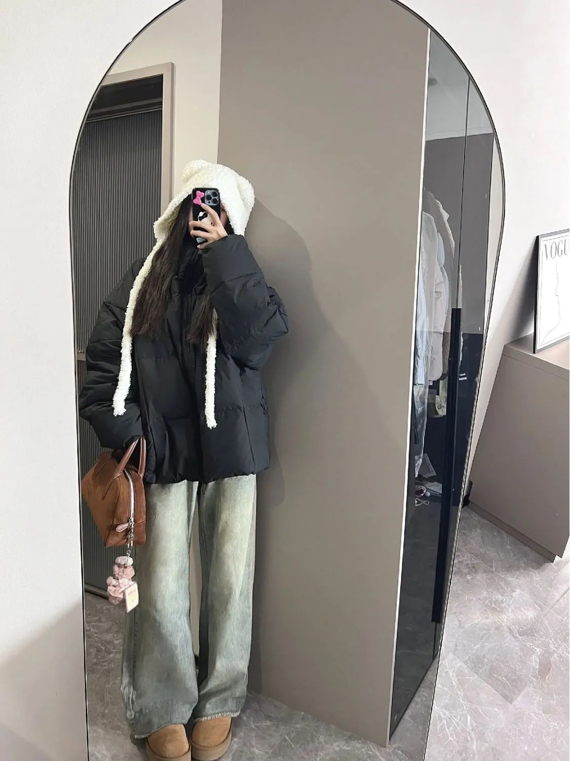 美式復古水洗黃泥色牛仔褲女2023秋冬新款高腰顯瘦休閒毛邊闊腿褲