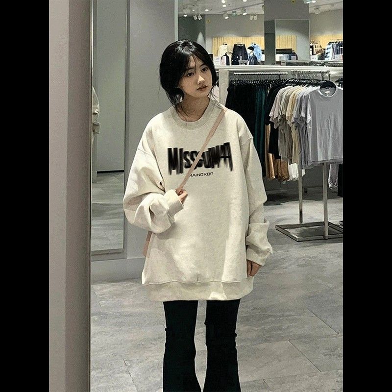 美式圓領衛衣無帽秋冬季新款oversize寬鬆加絨加厚外套上衣服女潮