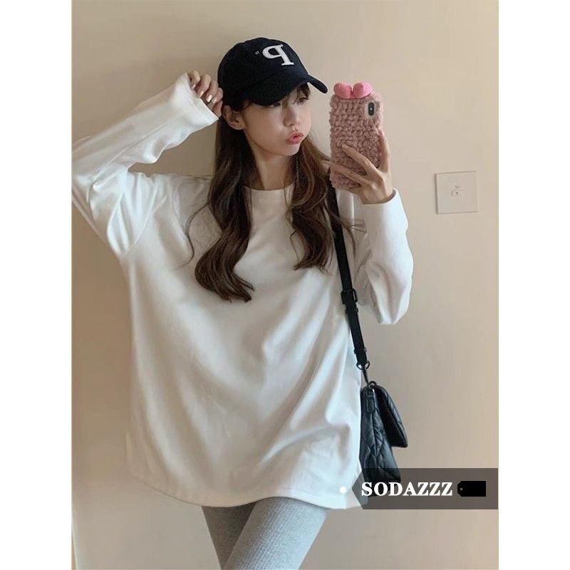 SODAZZZ德絨白色T恤女秋冬季新款韓版寬鬆中長款內搭長袖打底上衣