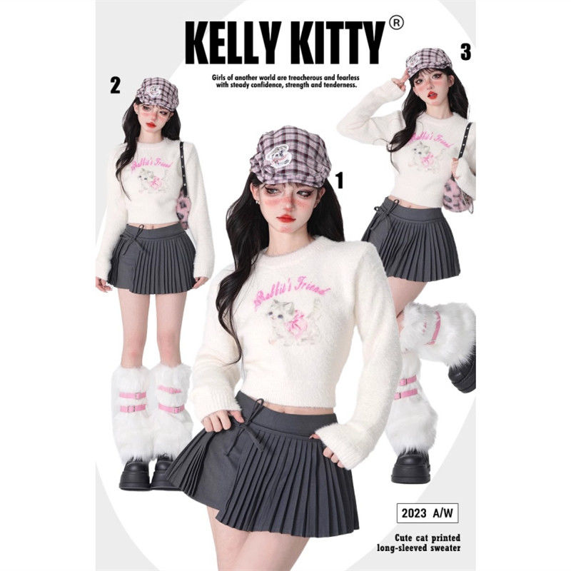 kellykitty閉眼搭配 白色設計感圓領套頭毛衣收腰顯瘦正肩上衣女