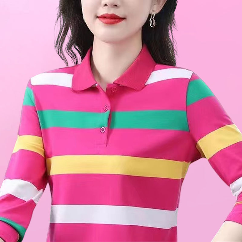 撿漏~專櫃撤回翻領條紋秋季中年媽媽打底衫時尚長袖polo上衣