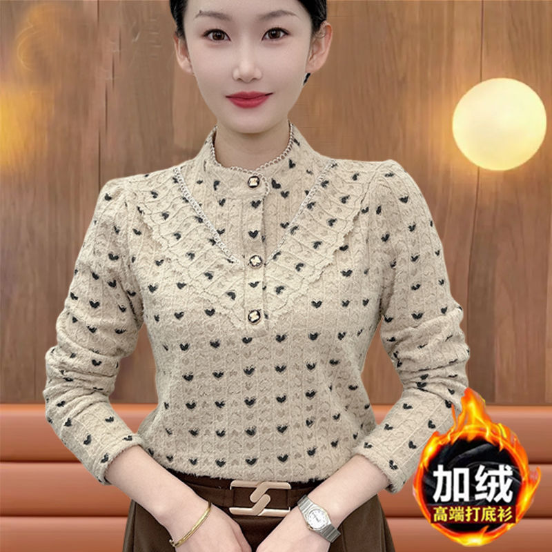高檔品質半高領磨毛蕾絲女襯衣秋冬新款百搭襯衫中年媽媽長袖上衣