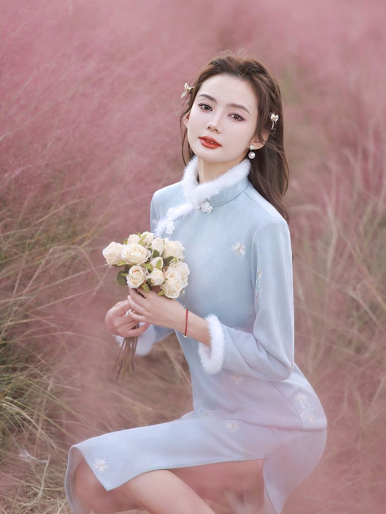 旗袍冬款2023新款改良氣質高端年輕款連衣裙女秋冬加厚加絨新中式