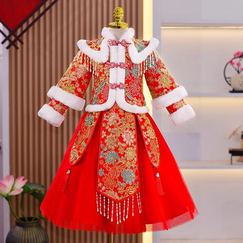 拜年服女童冬款兒童漢服冬季新年裝唐裝秋冬小女孩過年服古裝加厚