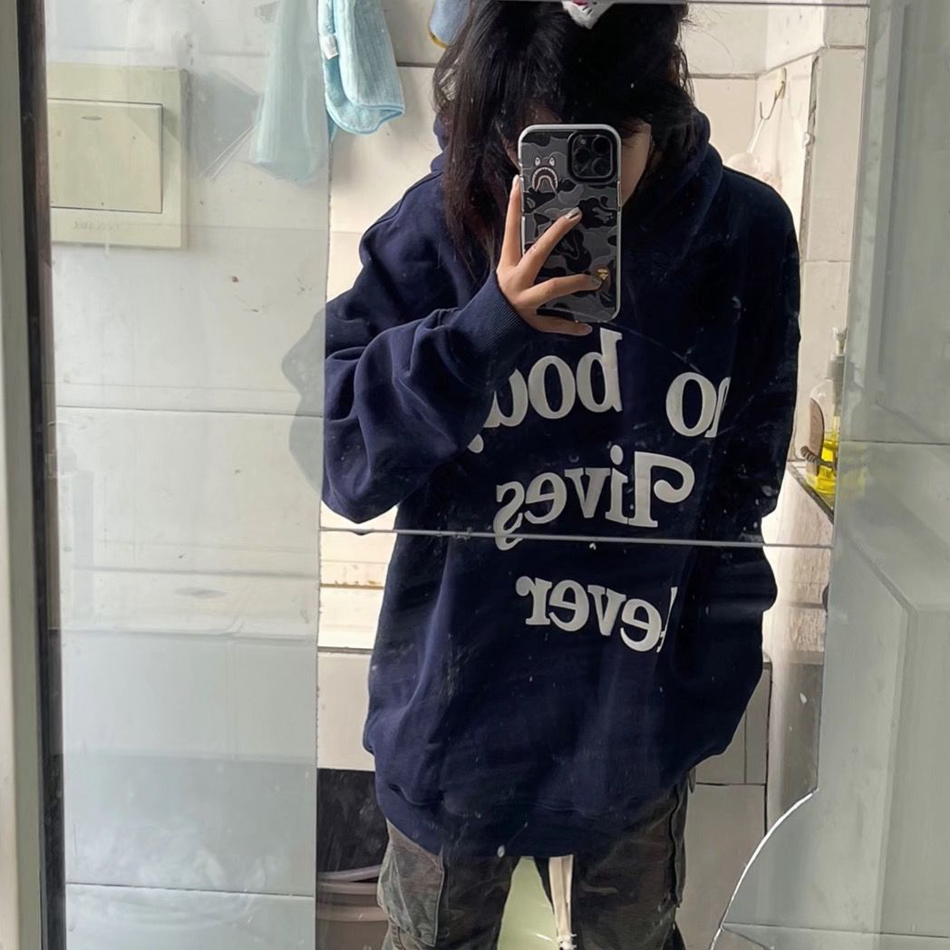 美式復古藏青色衛衣女百搭寬鬆休閒連帽衫秋冬季加絨加厚情侶外套