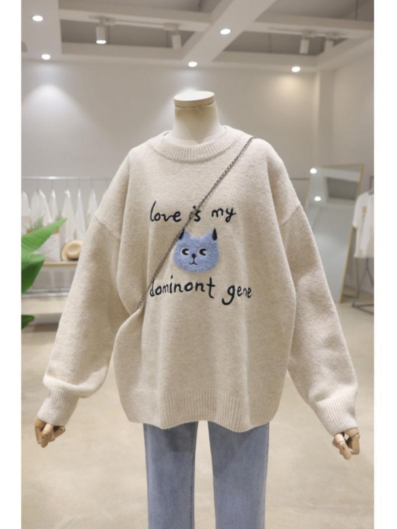 字母刺繡毛衣女套頭寬鬆顯瘦2023秋冬新款加厚圓領長袖針織衫上衣