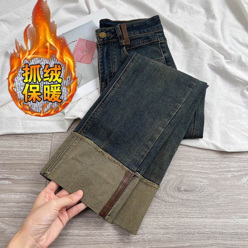 水泥灰卷邊直筒牛仔褲女2023新款秋冬加絨搭高腰顯瘦法棍煙管褲子