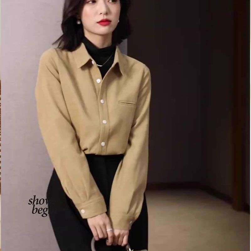 港風復古加厚磨毛襯衫女秋冬設計感別致上衣新款百搭疊穿長袖襯衣