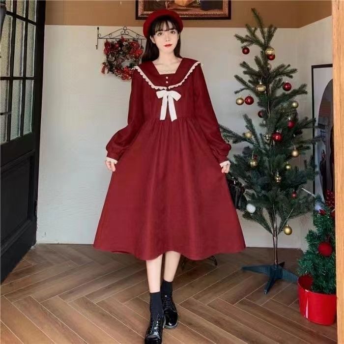 大碼女裝胖mm小香風本命年紅色長裙秋冬法式氣質名媛炸街連衣裙子