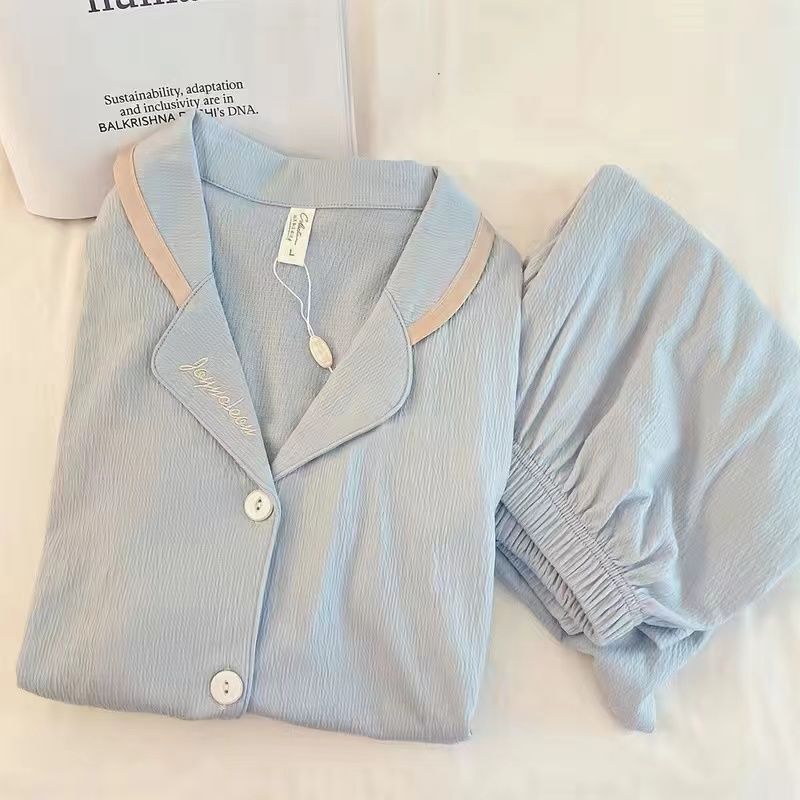 睡衣女士春秋季新款長袖寬鬆甜美可愛休閒簡約皺布棉感家居服套裝